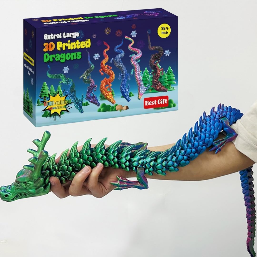 35.4'' Large 3D Printed Dragon Toy Box - Articulated Chinese Dragon, Poseable 3D Printed Animals & Collectible Figurines, Desk & Home Decor - Cool for Kids & Adults