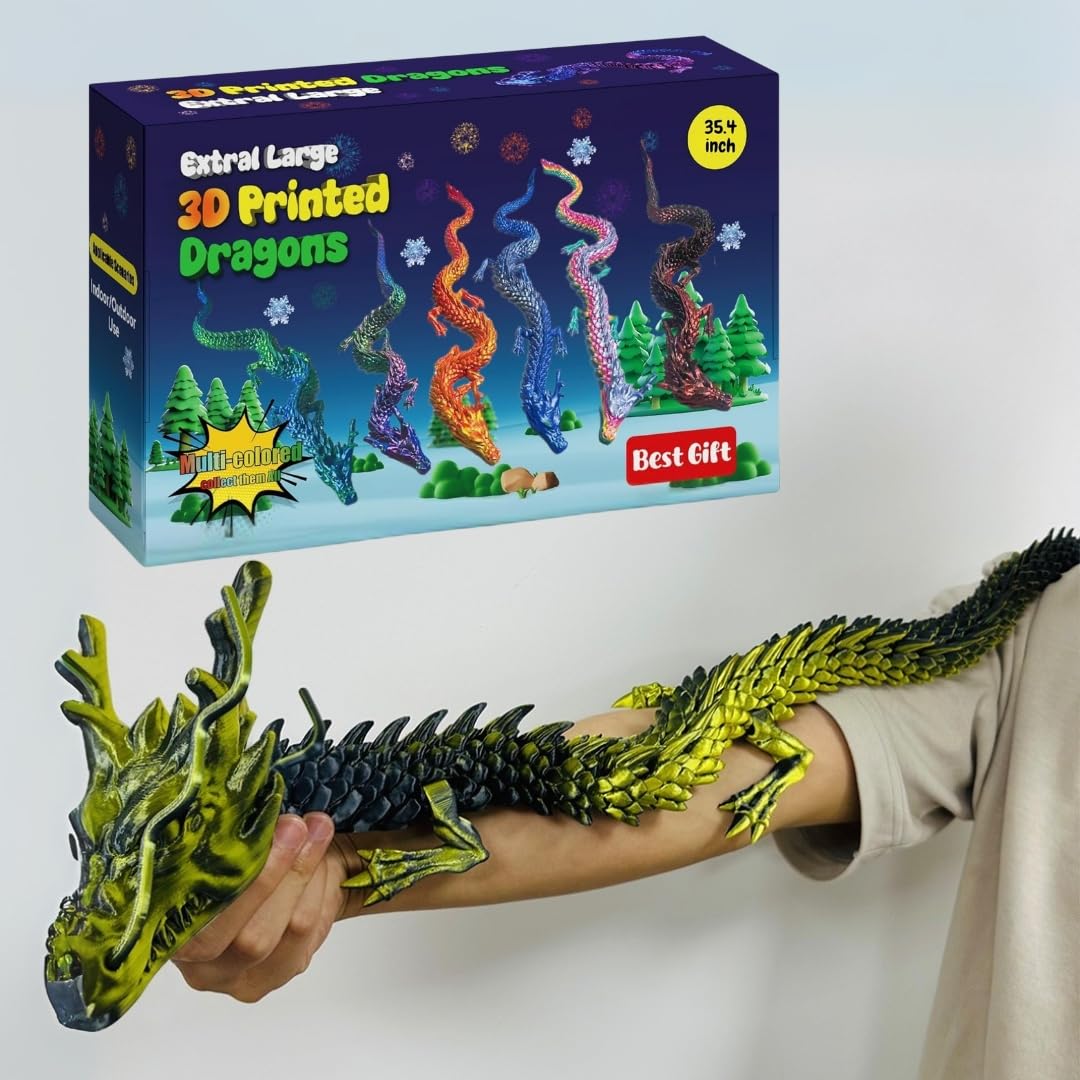 35.4'' Large 3D Printed Dragon Toy Box - Articulated Chinese Dragon, Poseable 3D Printed Animals & Collectible Figurines, Desk & Home Decor - Cool for Kids & Adults
