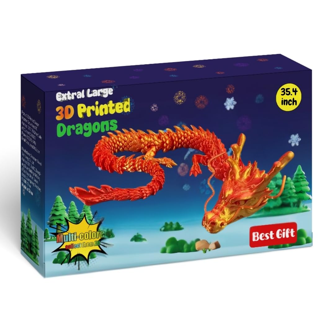 35.4'' Large 3D Printed Dragon Toy Box - Articulated Chinese Dragon, Poseable 3D Printed Animals & Collectible Figurines, Desk & Home Decor - Cool for Kids & Adults