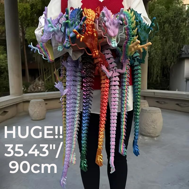35.43 Inch 3D Printed Dragon, Large 3D Dragon Toys, Bigger Fidget Crystal Animals Toys, 3D Printed Articulated Animals for Home Office Car Desk Decor
