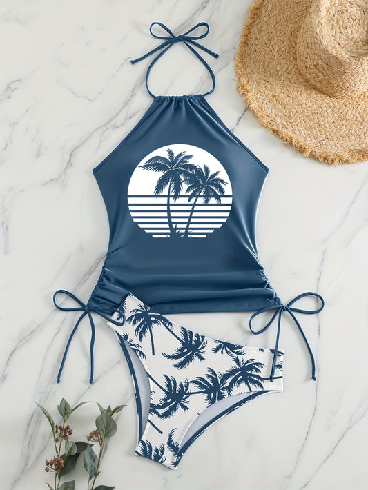 Coconut Tree Sunset Pattern Drawstring 2 Piece Set Swimsuit, Halter Tie Neck Backless Stretchy Low Waist Bathing Suit For Beach Pool, Women's Swimwear & Clothing