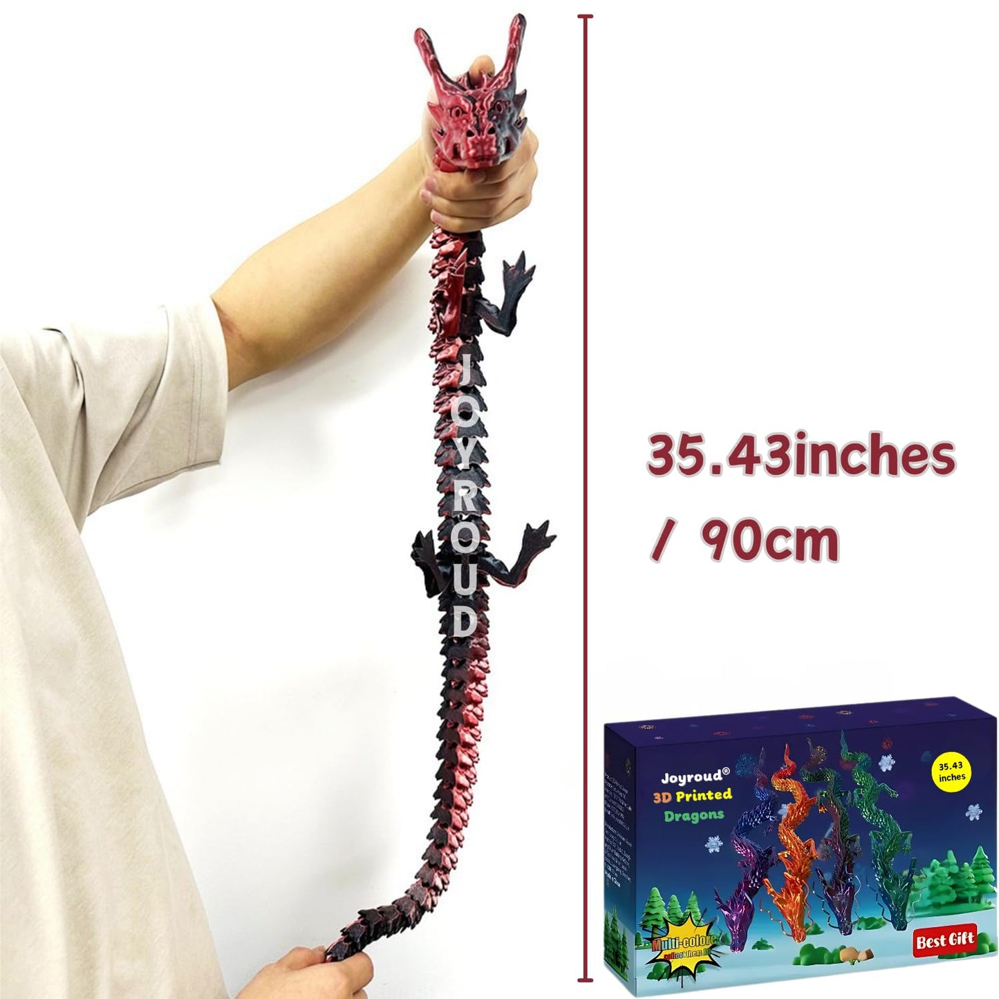 Joyroud 3D Printed Articulated Dragon, Multi-Color, 35.43 Inch Length, Flexible Joints, Durable Core Design, with Gift Box