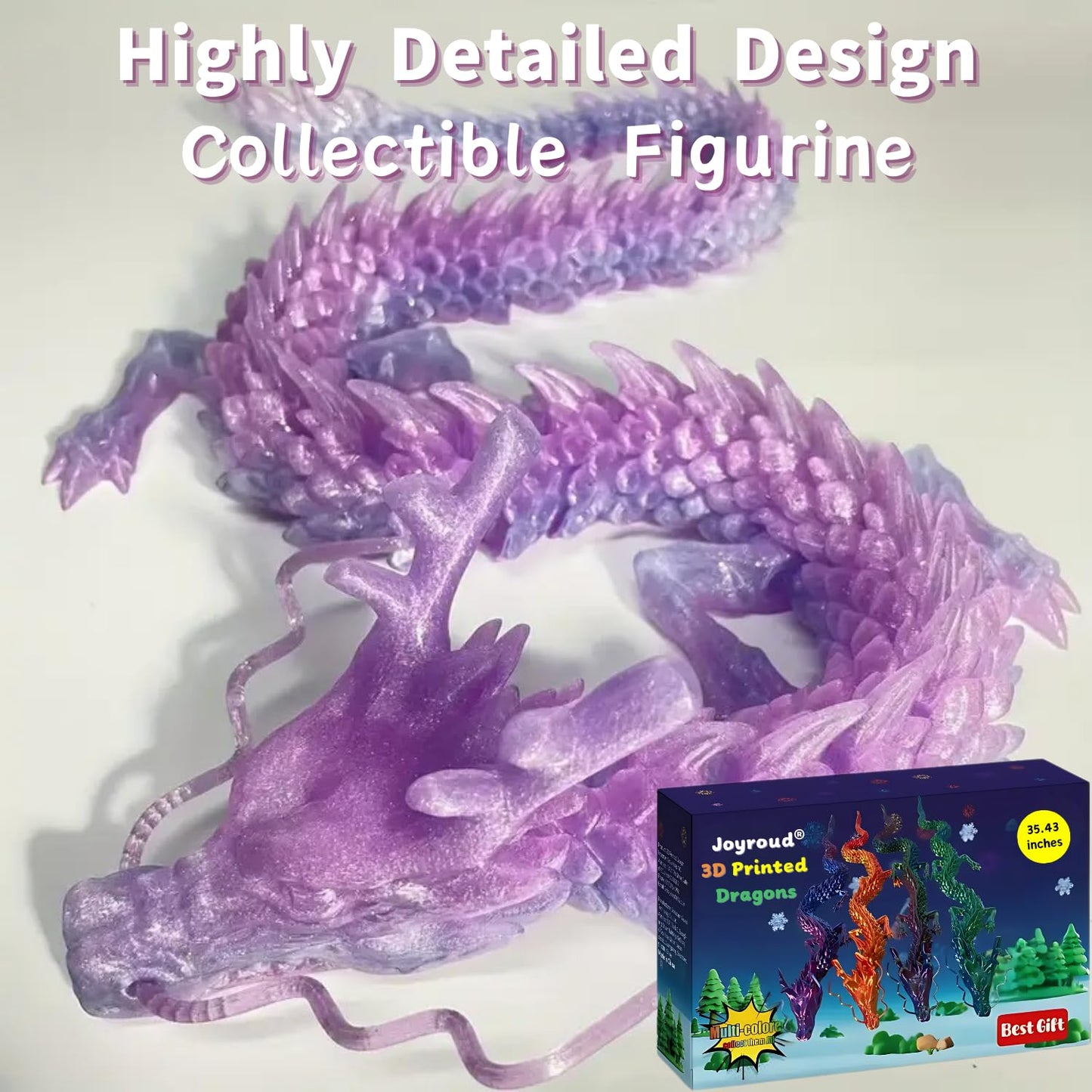 Joyroud 3D Printed Articulated Dragon, Multi-Color, 35.43 Inch Length, Flexible Joints, Durable Core Design, with Gift Box