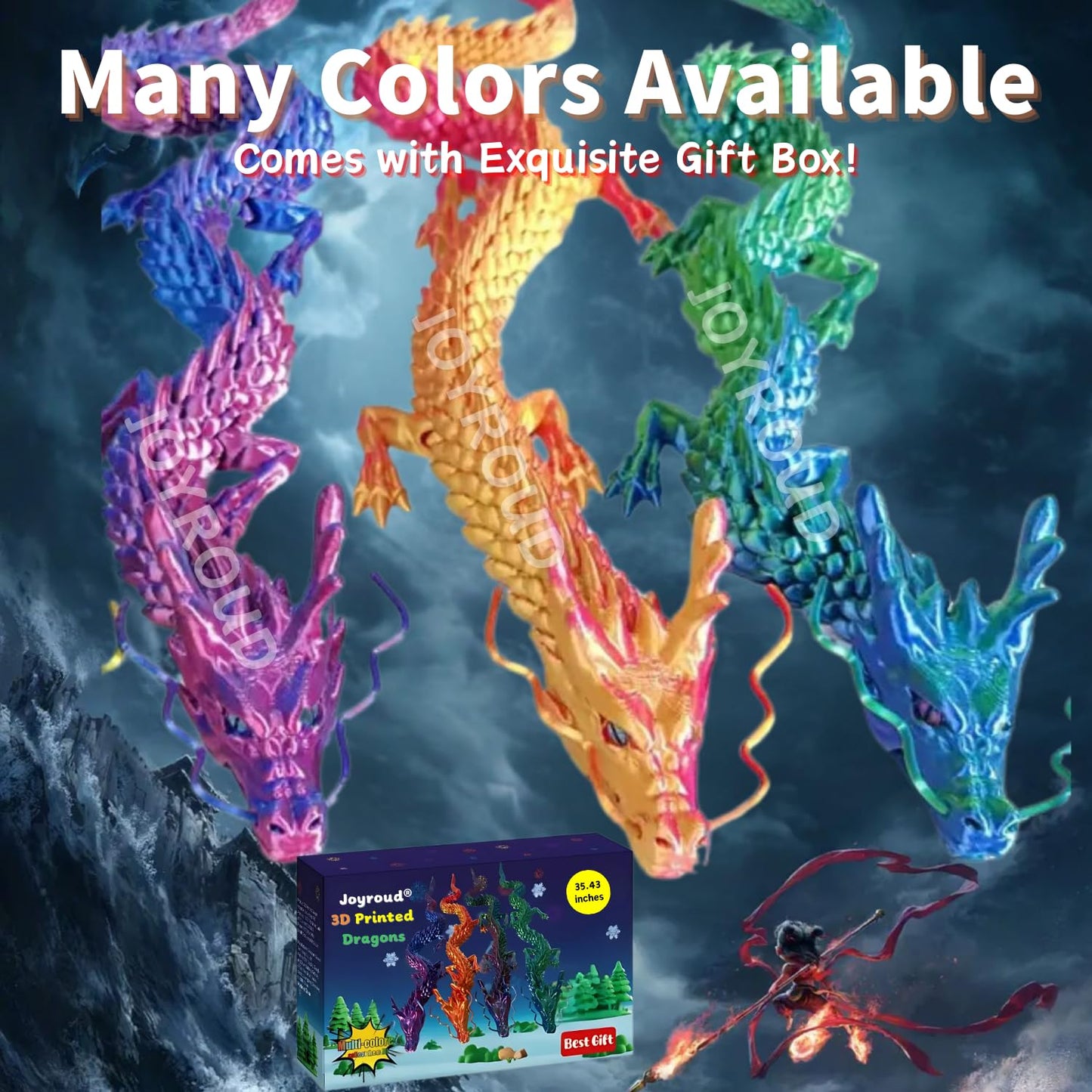 Joyroud 3D Printed Articulated Dragon, Multi-Color, 35.43 Inch Length, Flexible Joints, Durable Core Design, with Gift Box