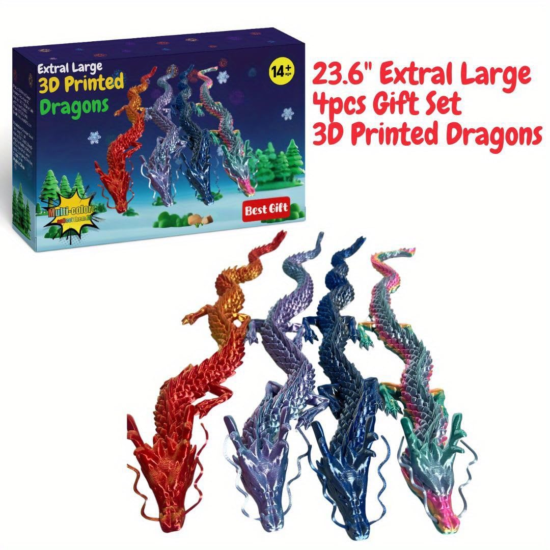 Joyroud 4 Pcs 24 inch 3D Printed Dragon, Articulated Dragon, Crystal Dragon, Dragon Fidget Toy, Home Office Decor Executive Desk Toys