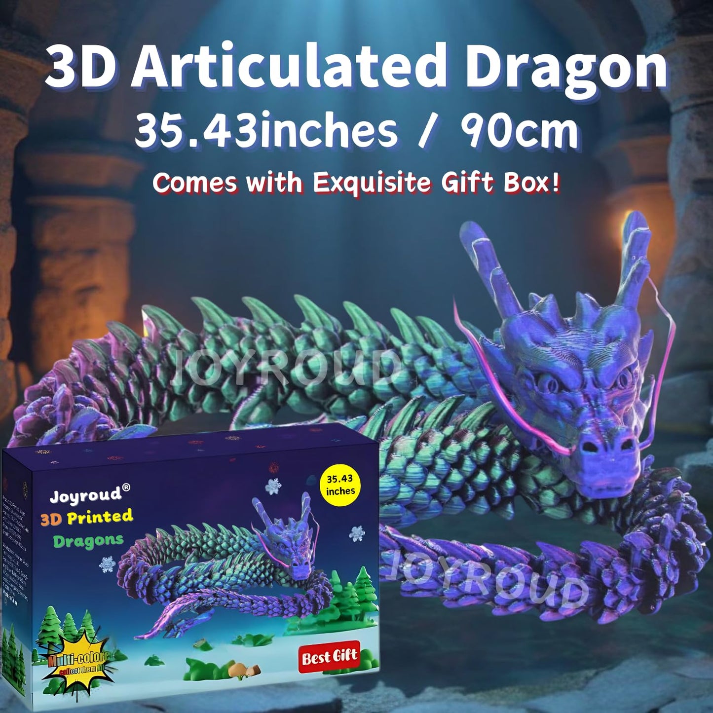 Joyroud 3D Printed Articulated Dragon, Multi-Color, 35.43 Inch Length, Flexible Joints, Durable Core Design, with Gift Box