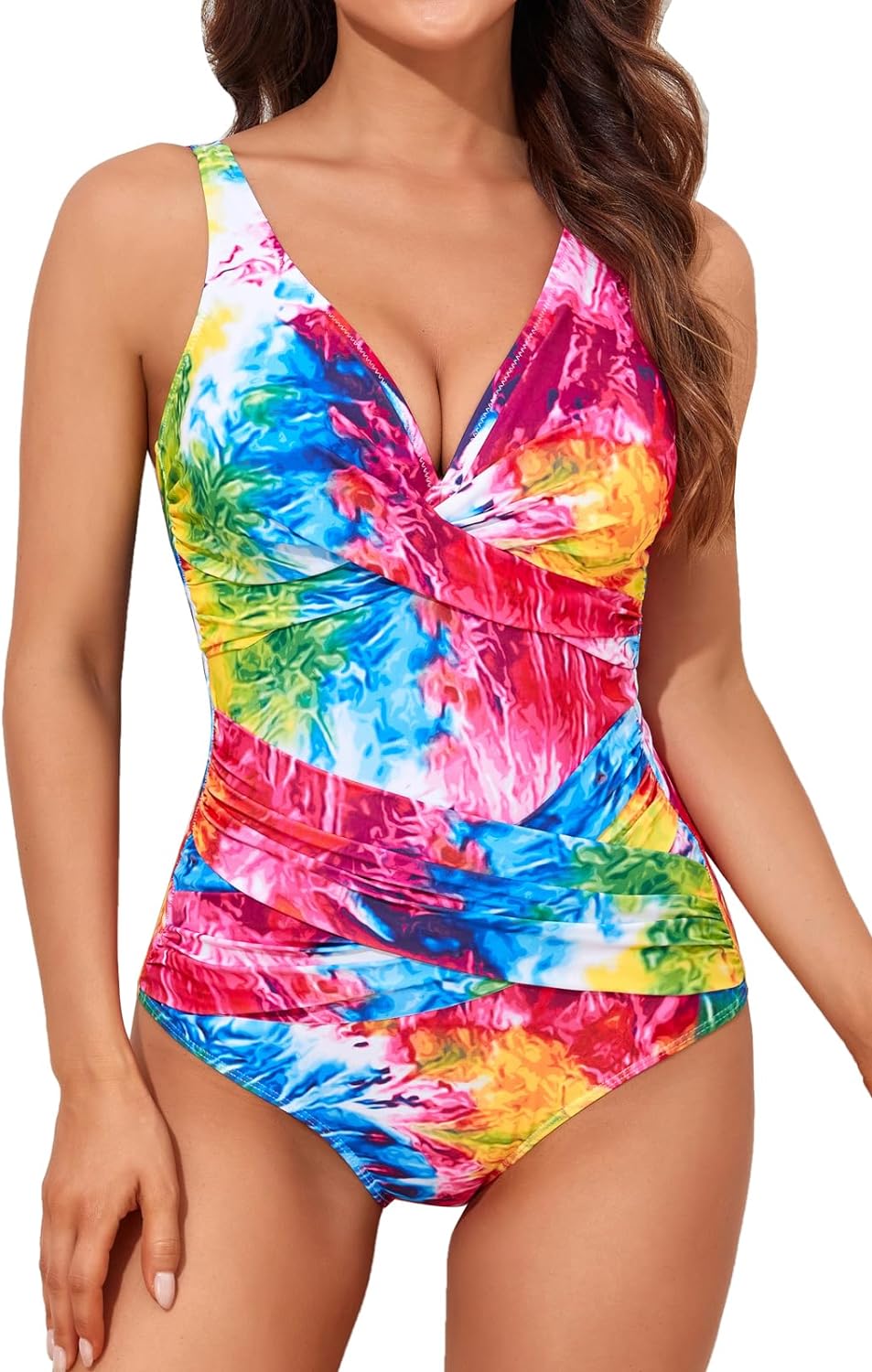 Smismivo Tummy Control Swimsuits for Women Slimming One Piece Bathing Suit Retro Ruched Push Up Vintage Padded Swimwear