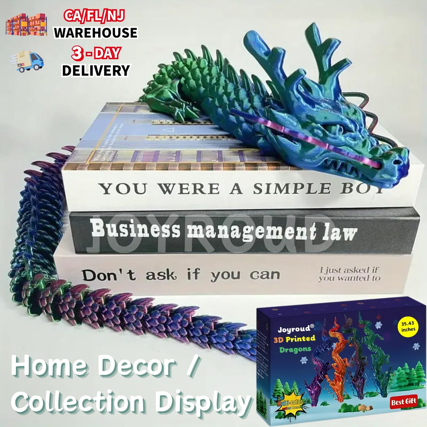 Joyroud 3D Printed Articulated Dragon, Multi-Color, 35.43 Inch Length, Flexible Joints, Durable Core Design, with Gift Box
