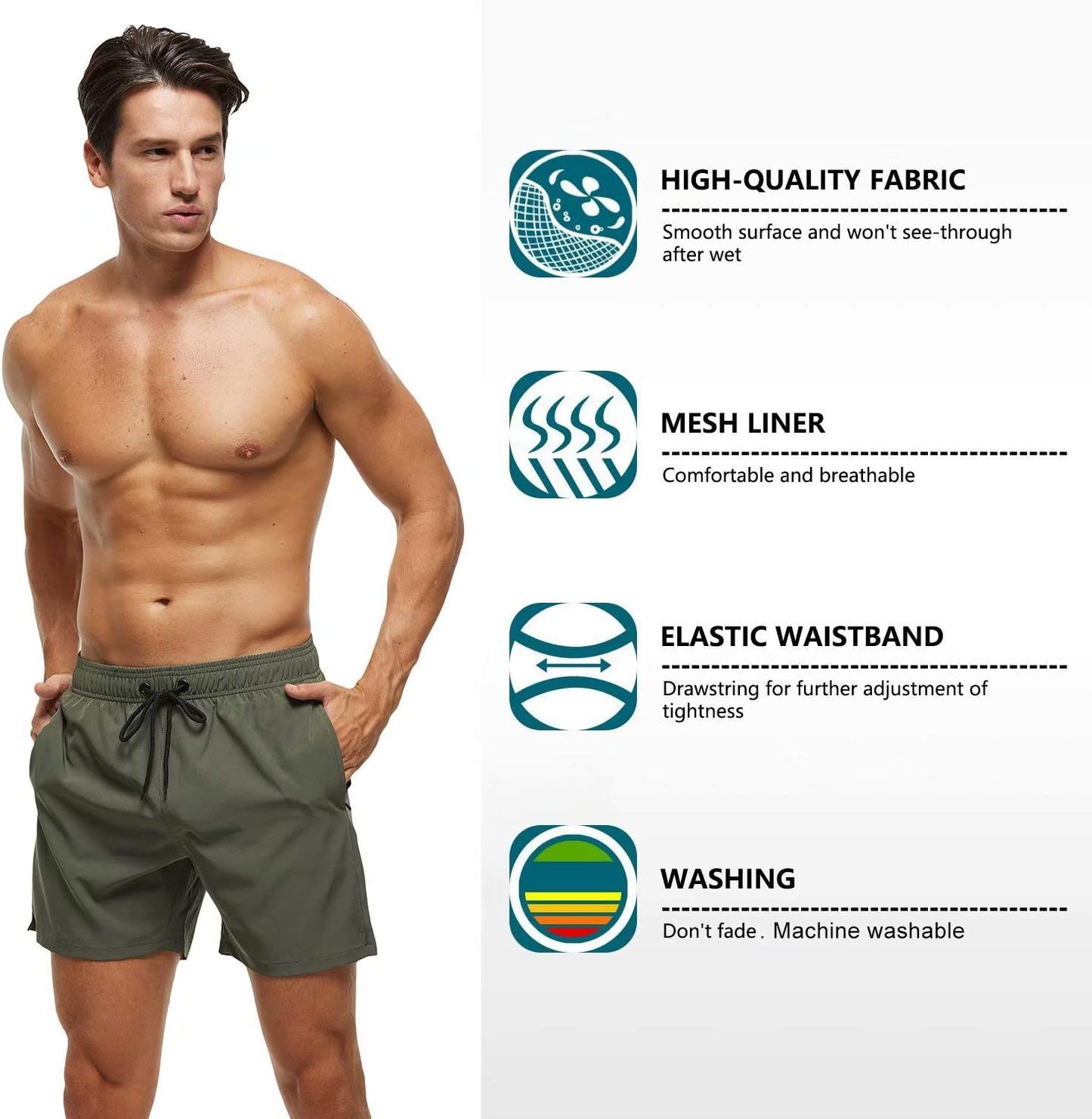 Men's Swim Trunks Quick Dry Beach Shorts with Zipper Pockets and Mesh Lining