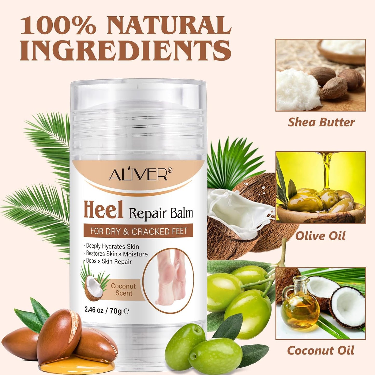 2PCS Heel Repair Balm, Dry & Cracked Feet Treatment Moisturizer, Coconut Scent, 2.46 oz/70 g