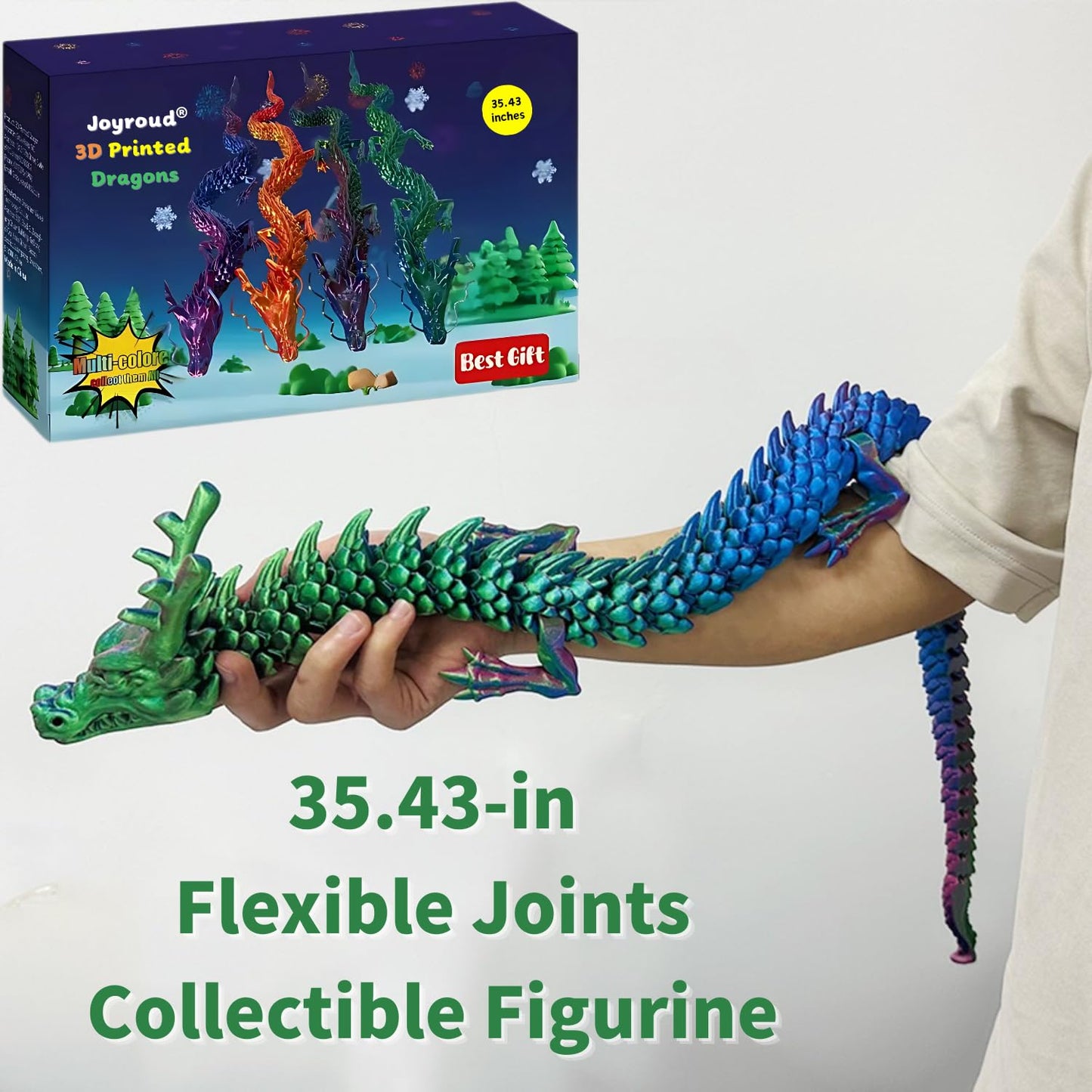 Joyroud 3D Printed Articulated Dragon, Multi-Color, 35.43 Inch Length, Flexible Joints, Durable Core Design, with Gift Box