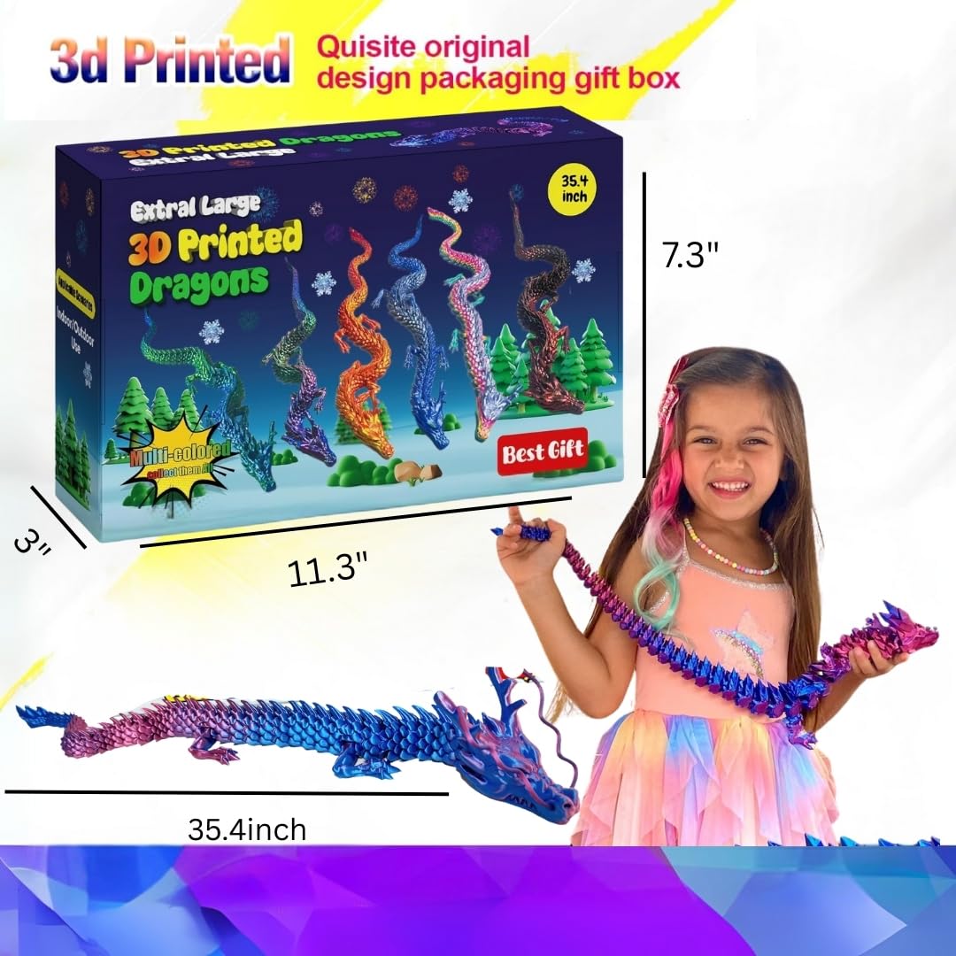 35.4'' Large 3D Printed Dragon Toy Box - Articulated Chinese Dragon, Poseable 3D Printed Animals & Collectible Figurines, Desk & Home Decor - Cool for Kids & Adults
