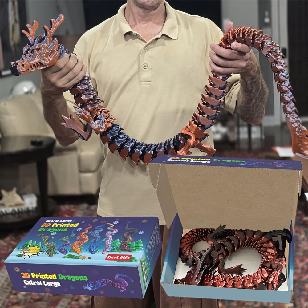 35.4'' Large 3D Printed Dragon Toy Box - Articulated Chinese Dragon, Poseable 3D Printed Animals & Collectible Figurines, Desk & Home Decor - Cool for Kids & Adults