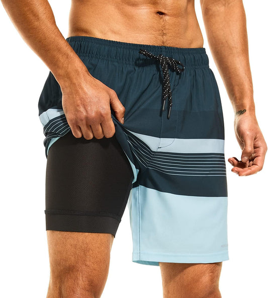 Mens Swimsuit Trunks 7" Quick-Dry Swim Shorts with Compression Liner and Zipper Pockets