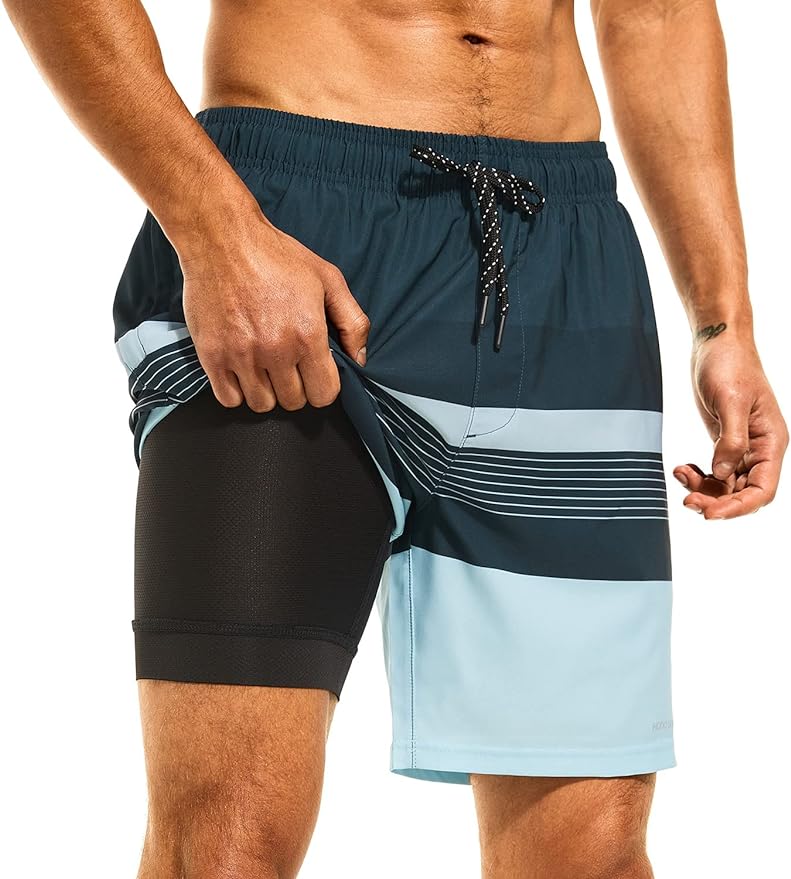 Mens Swimsuit Trunks 7" Quick-Dry Swim Shorts with Compression Liner and Zipper Pockets