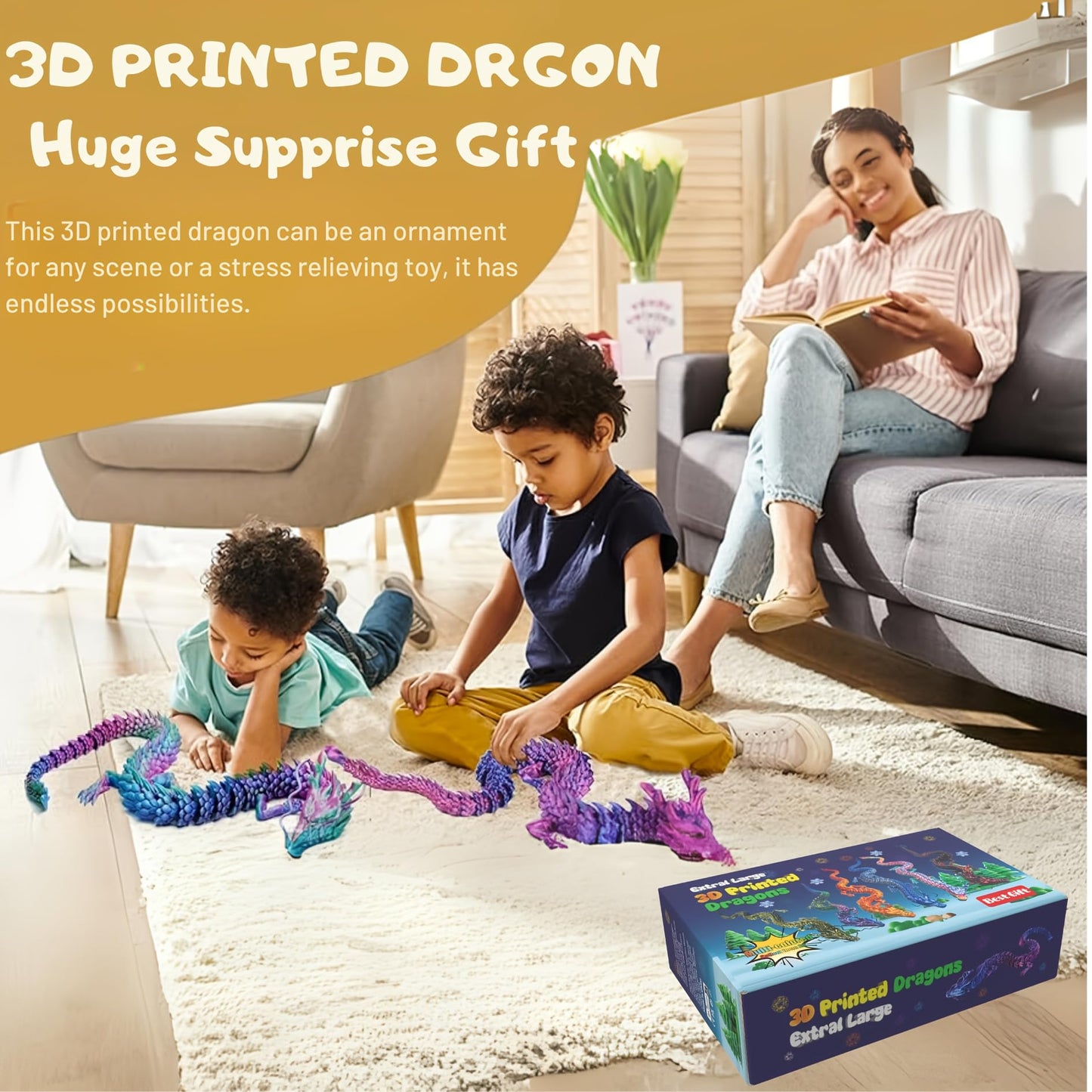 35.4'' Large 3D Printed Dragon Toy Box - Articulated Chinese Dragon, Poseable 3D Printed Animals & Collectible Figurines, Desk & Home Decor - Cool for Kids & Adults