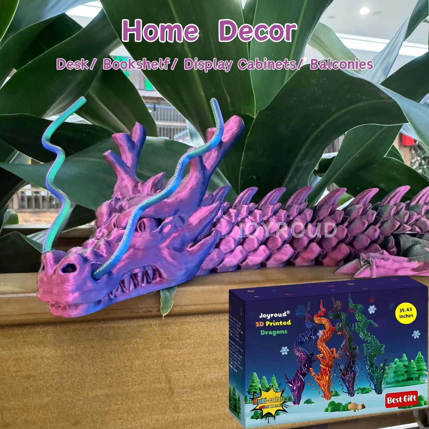 Joyroud 3D Printed Articulated Dragon, Multi-Color, 35.43 Inch Length, Flexible Joints, Durable Core Design, with Gift Box