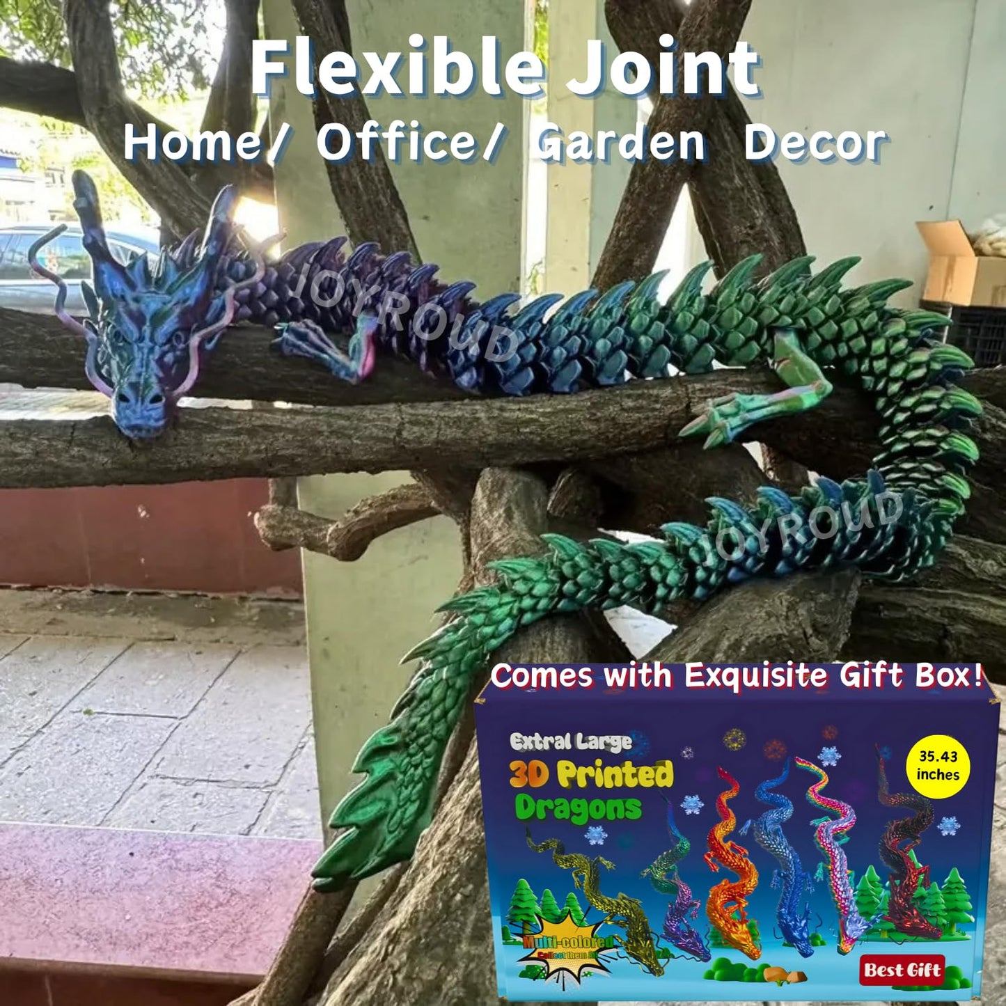 Joyroud 3D Printed Articulated Dragon, Multi-Color, 35.43 Inch Length, Flexible Joints, Durable Core Design, with Gift Box