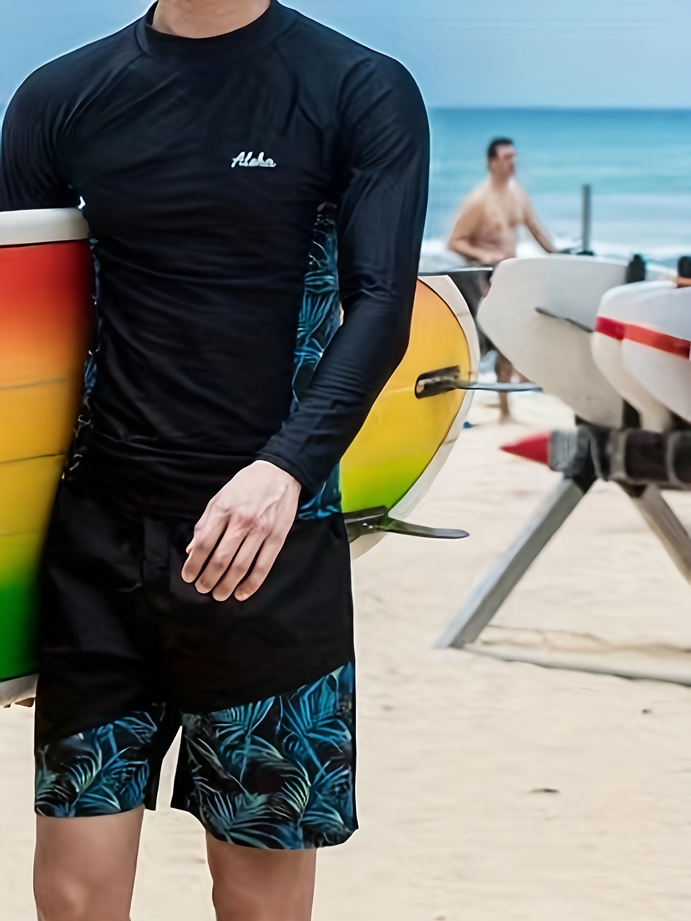 Men's Swimsuit, Quick-drying Skinny Fit Diving Suit, Leaf Pattern Long Sleeve T-shirt And Shorts, Highly Stretch Wetsuit For Diving Snorkeling