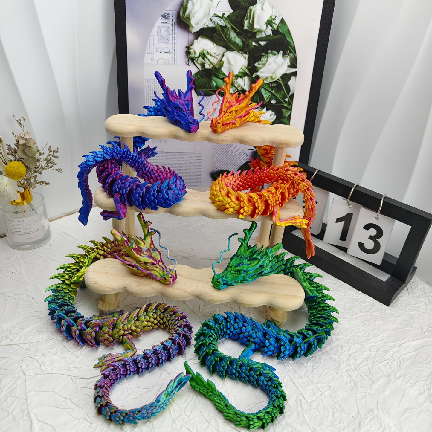 Joyroud 4 Pcs 24 inch 3D Printed Dragon, Articulated Dragon, Crystal Dragon, Dragon Fidget Toy, Home Office Decor Executive Desk Toys