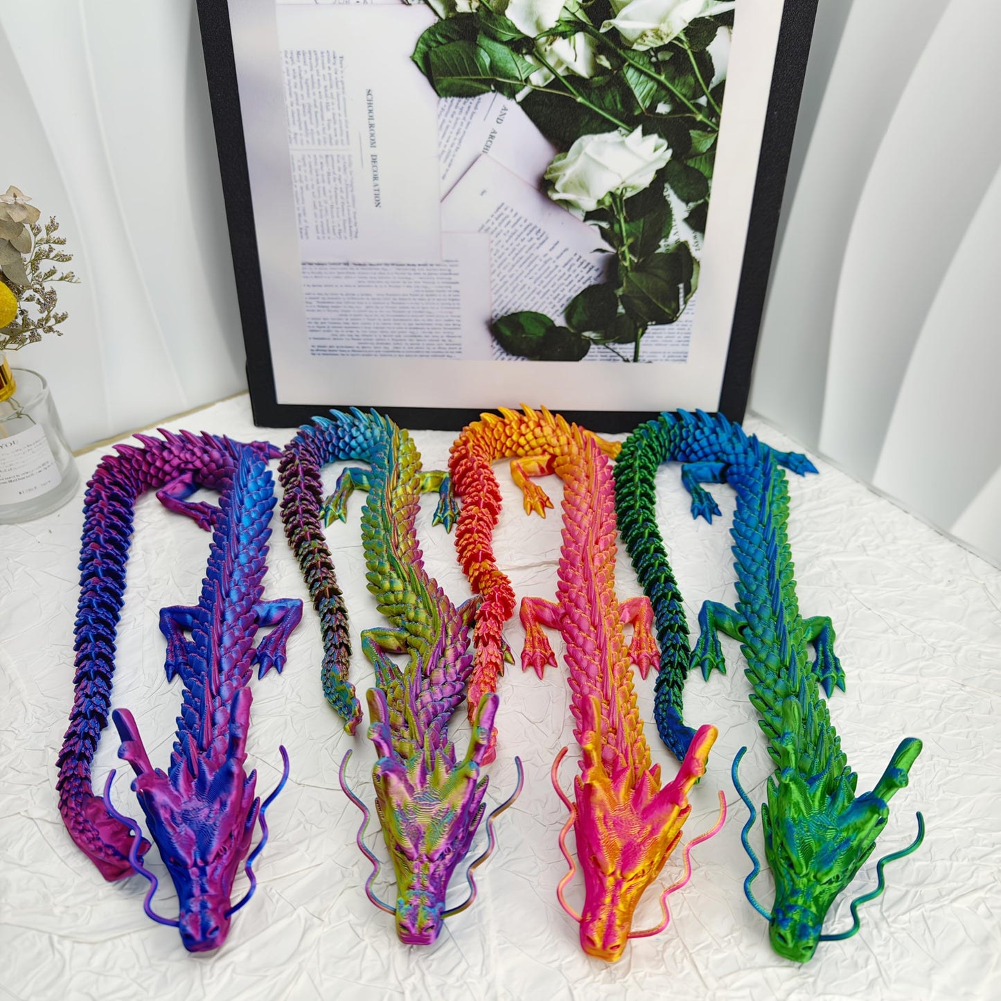 Joyroud 4 Pcs 24 inch 3D Printed Dragon, Articulated Dragon, Crystal Dragon, Dragon Fidget Toy, Home Office Decor Executive Desk Toys