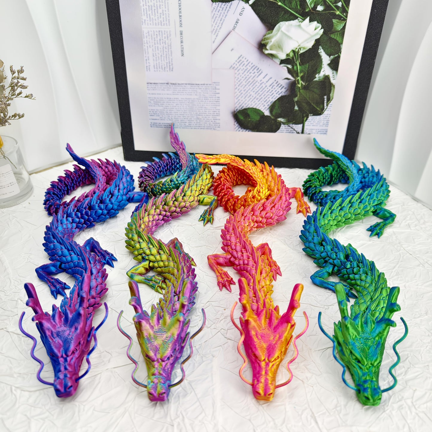 Joyroud 4 Pcs 24 inch 3D Printed Dragon, Articulated Dragon, Crystal Dragon, Dragon Fidget Toy, Home Office Decor Executive Desk Toys