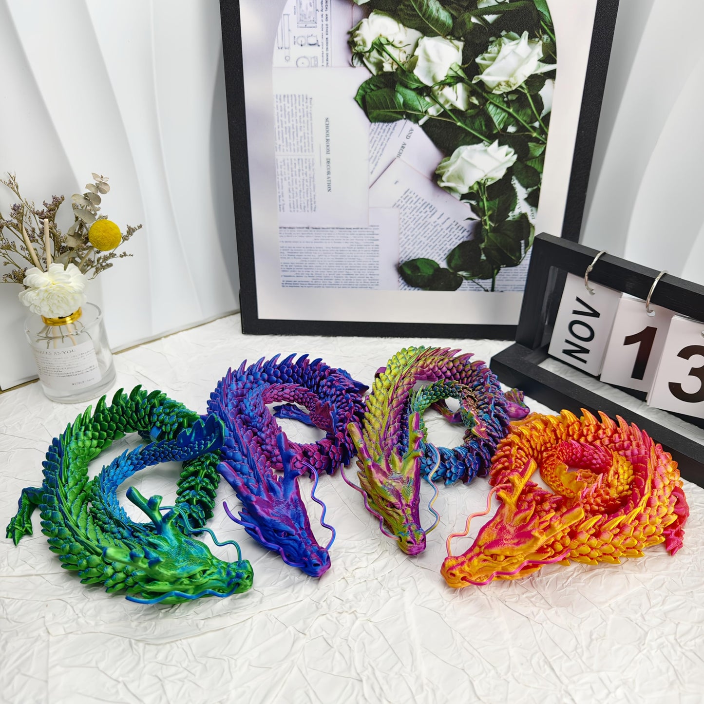 Joyroud 4 Pcs 24 inch 3D Printed Dragon, Articulated Dragon, Crystal Dragon, Dragon Fidget Toy, Home Office Decor Executive Desk Toys