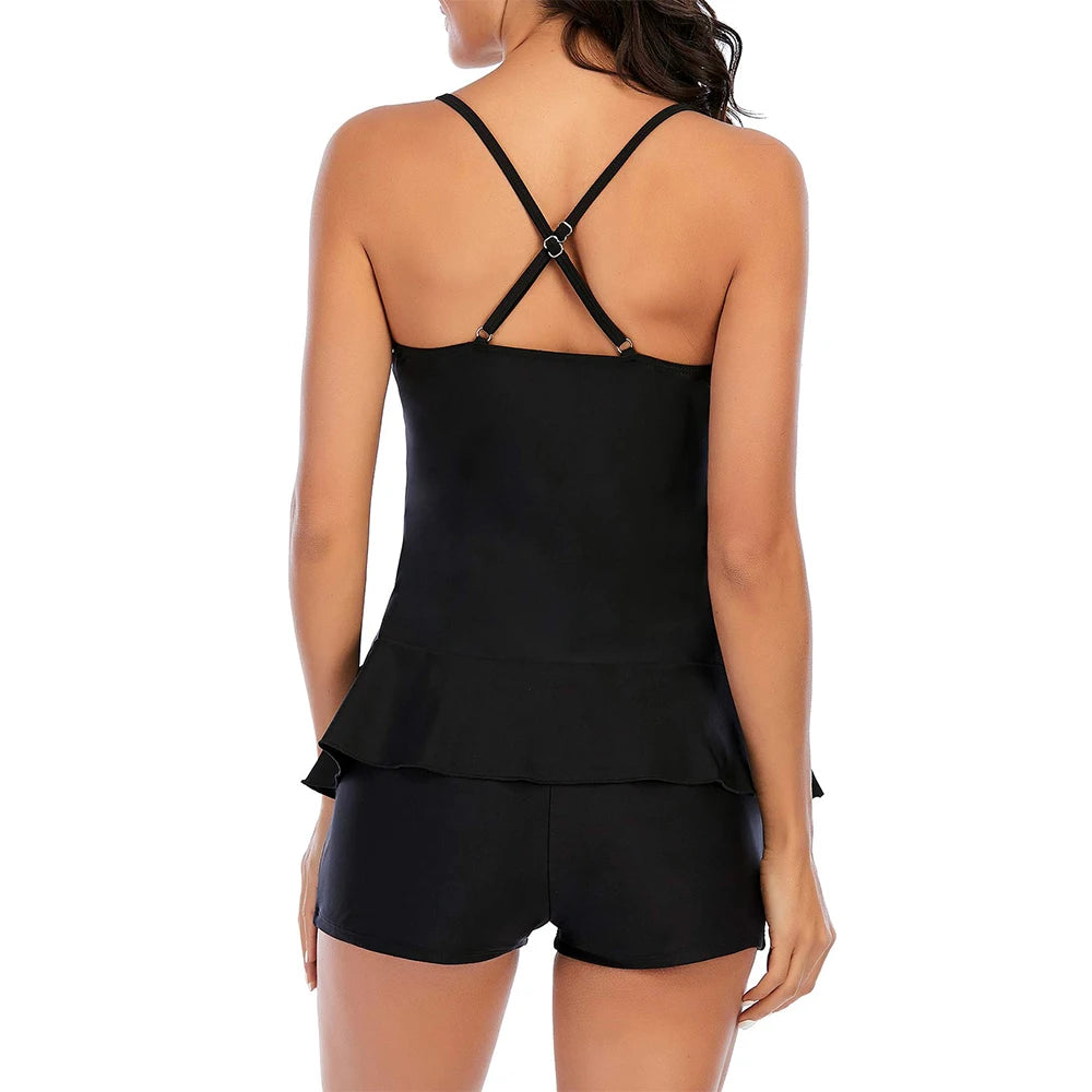 Two Pieces Swimsuit Solid Swimwear Ruffle Bathing Suit Beachwear Swimdress Tankini Brazilian Women Sexy Female Bikini Set