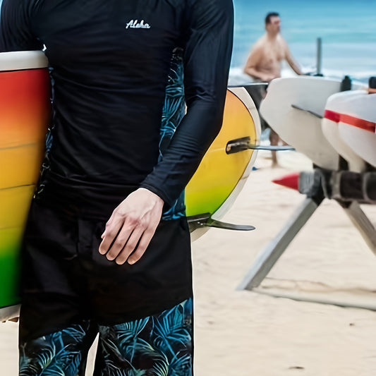 Men's Swimsuit, Quick-drying Skinny Fit Diving Suit, Leaf Pattern Long Sleeve T-shirt And Shorts, Highly Stretch Wetsuit For Diving Snorkeling