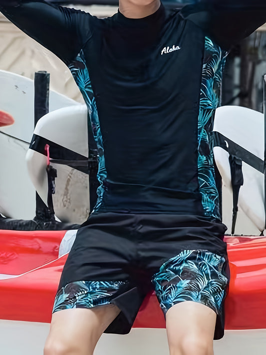 Men's Swimsuit, Quick-drying Skinny Fit Diving Suit, Leaf Pattern Long Sleeve T-shirt And Shorts, Highly Stretch Wetsuit For Diving Snorkeling