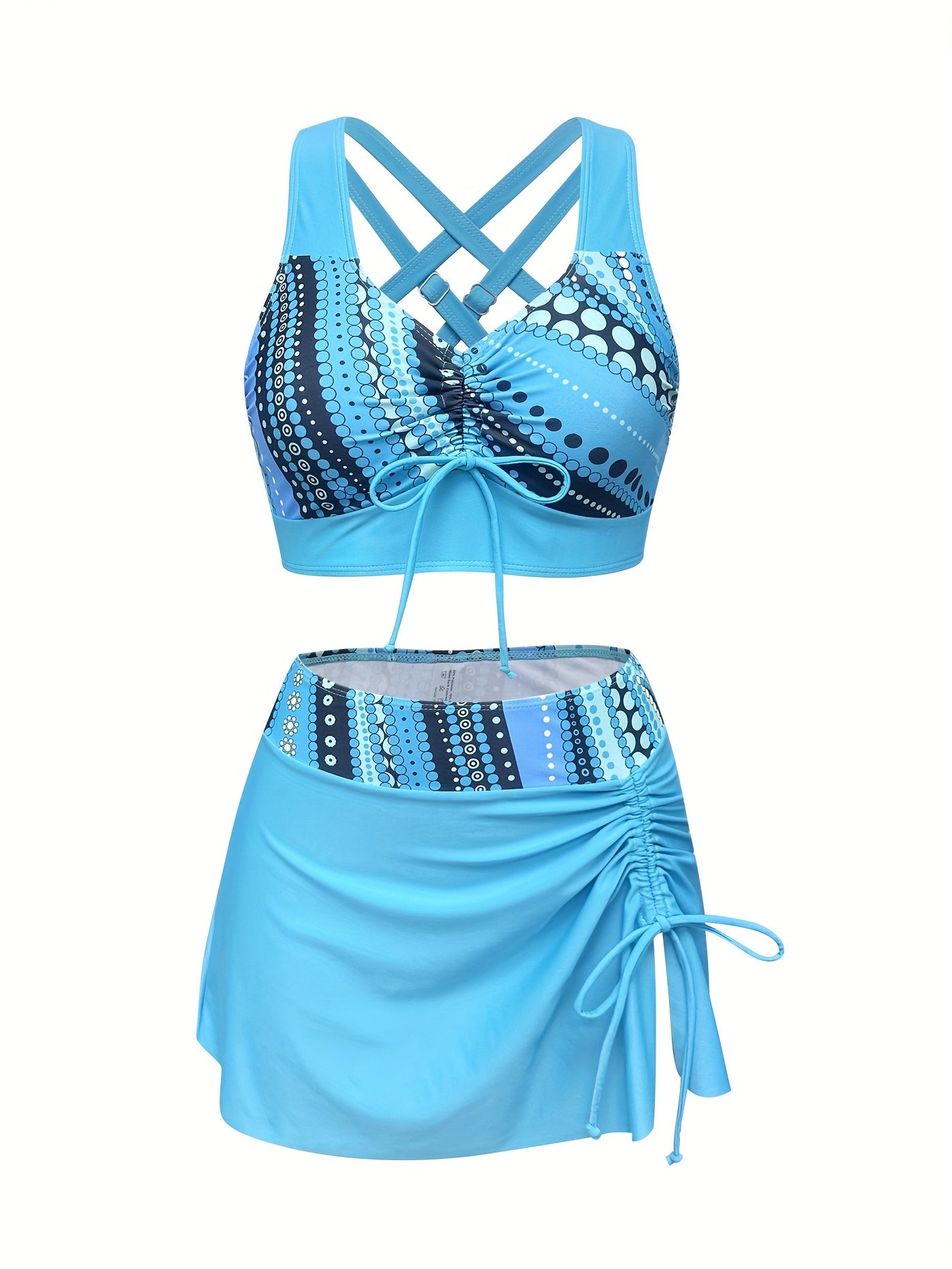 Polka Dot Print 3 Piece Set Tankini, V Neck Drawstring Front High Cut With Cover Up Skirt Swimsuits, Women's Swimwear & Clothing
