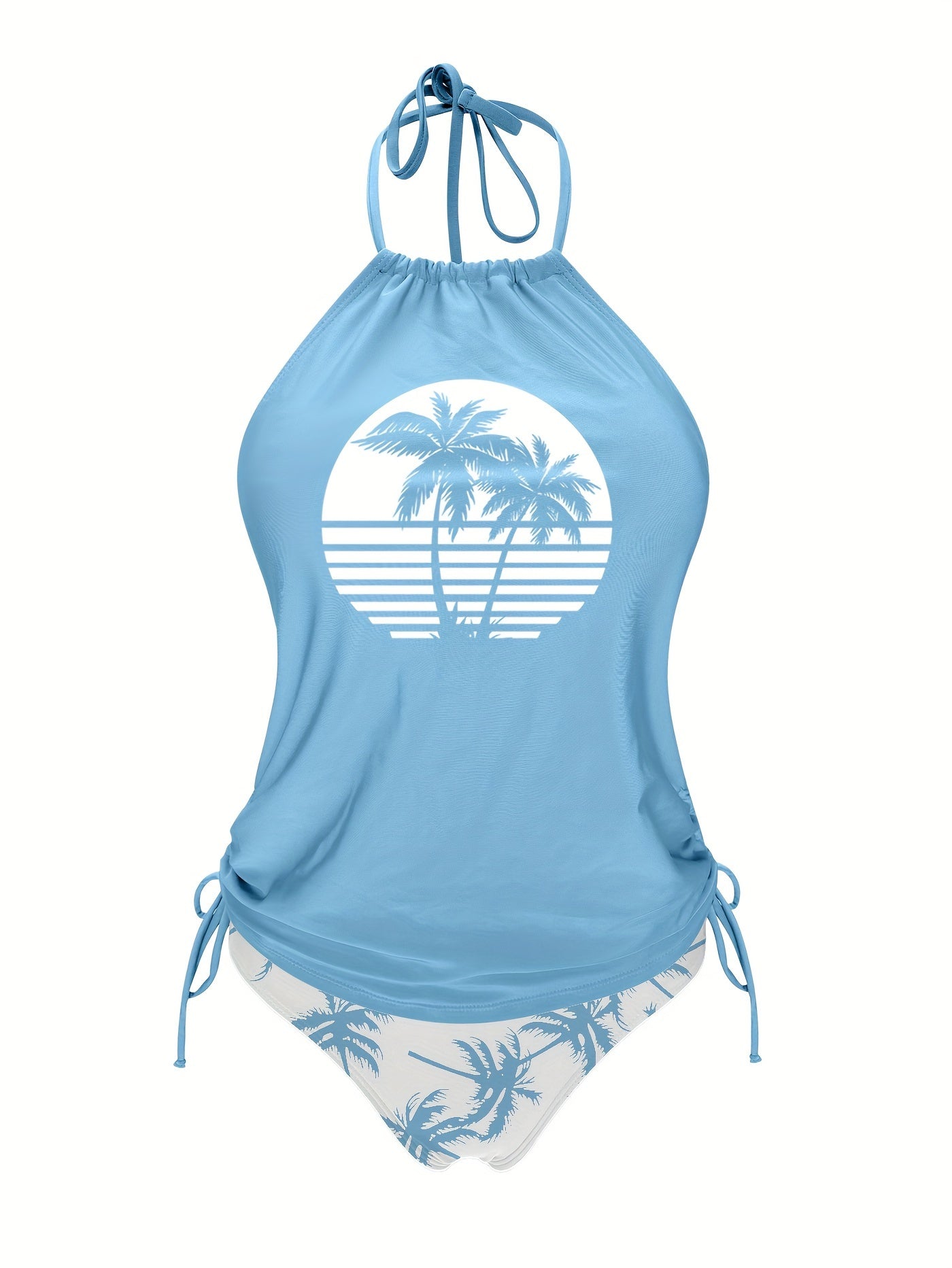 Coconut Tree Sunset Pattern Drawstring 2 Piece Set Swimsuit, Halter Tie Neck Backless Stretchy Low Waist Bathing Suit For Beach Pool, Women's Swimwear & Clothing