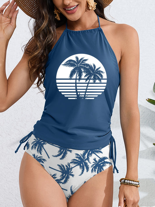 Coconut Tree Sunset Pattern Drawstring 2 Piece Set Swimsuit, Halter Tie Neck Backless Stretchy Low Waist Bathing Suit For Beach Pool, Women's Swimwear & Clothing