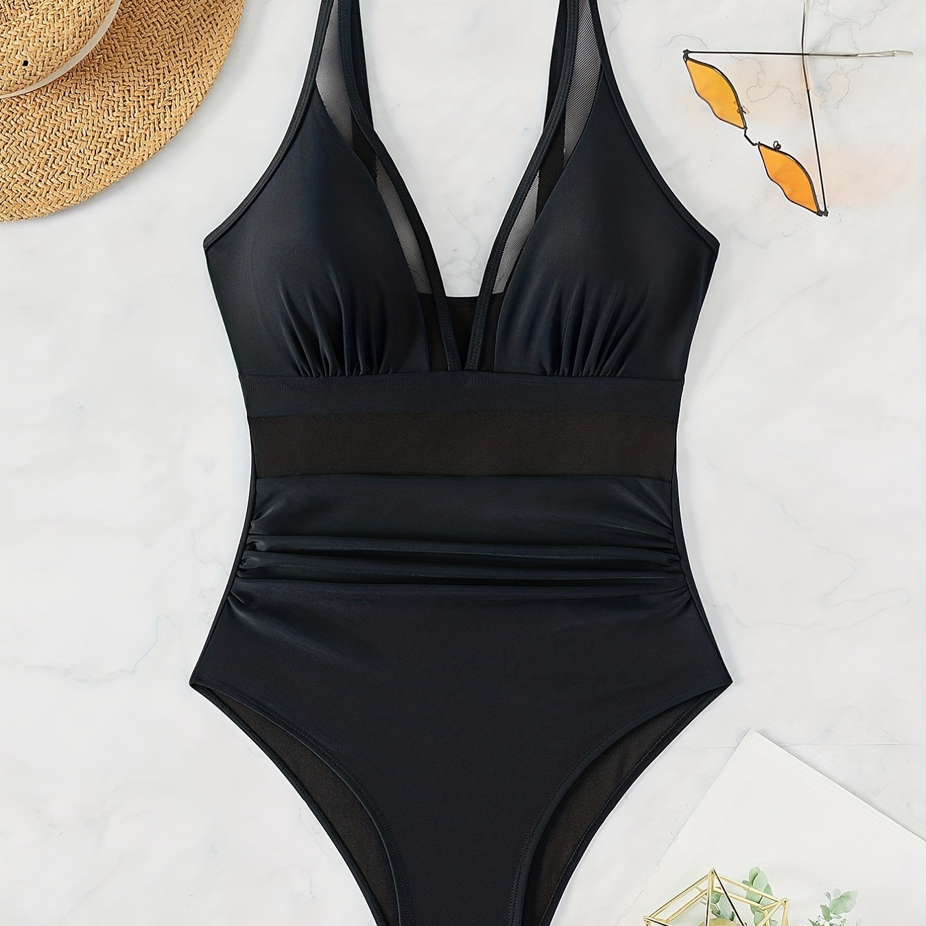 Solid Mesh Contrast One-piece Swimsuit, V Neck Stretchy Ruched Bathing Suits, Women's Swimwear & Clothing