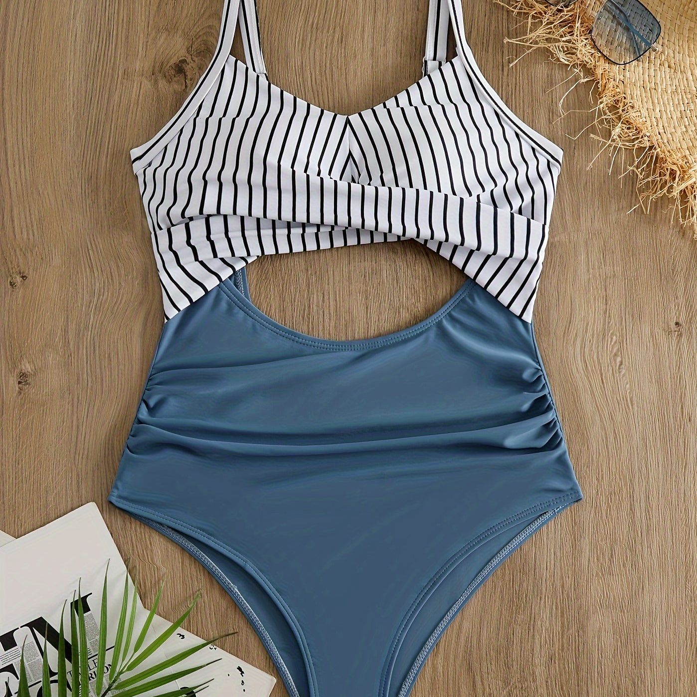 Chic V-Neck Striped One-Piece Swimsuit - Tummy Control, Ruched Comfort-Fit with Removable Pads, Machine Washable