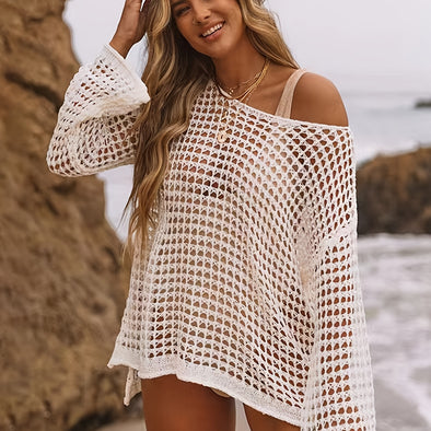 Trendy Sheer Knit Cover-Up: Chic Long Sleeve & Side Splits, Durable Vacation Essential for Women