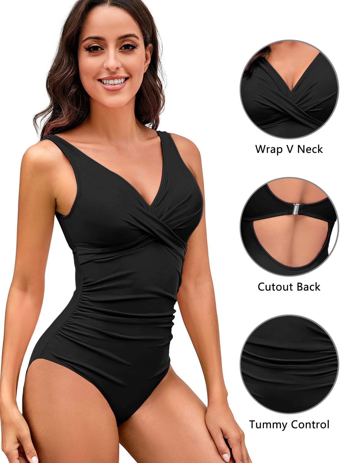 Women's One Piece Swimsuit Tummy Control Slimming Push Up Bathing Suits Wrap V Neck Modest Swimwear