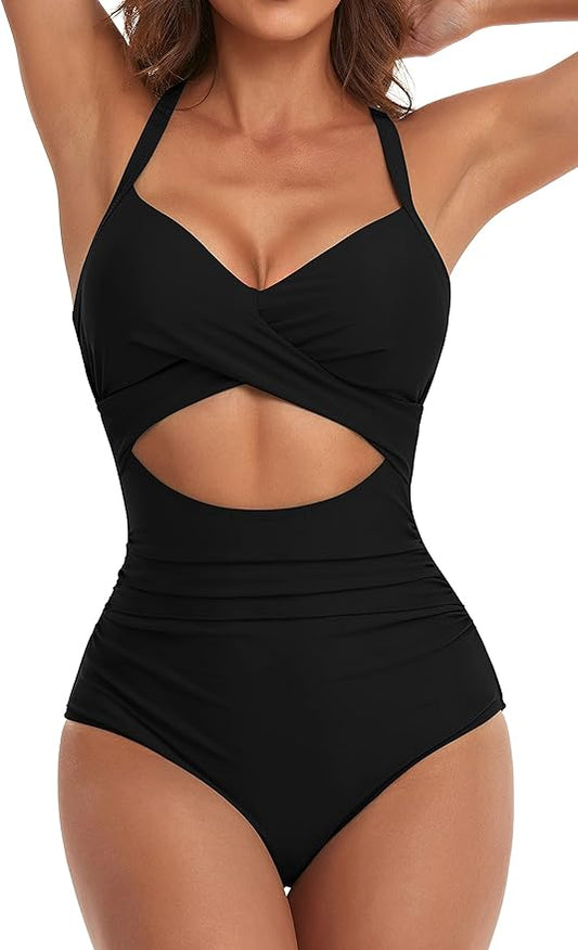 Women's One Piece Swimsuits Tummy Control Cutout High Waisted Bathing Suit Wrap Tie Back 1 Piece Swimsuit