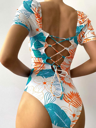 Women's Tropical Print Lace Up Backless Short Sleeve Bathing Suit One Piece Swimsuit