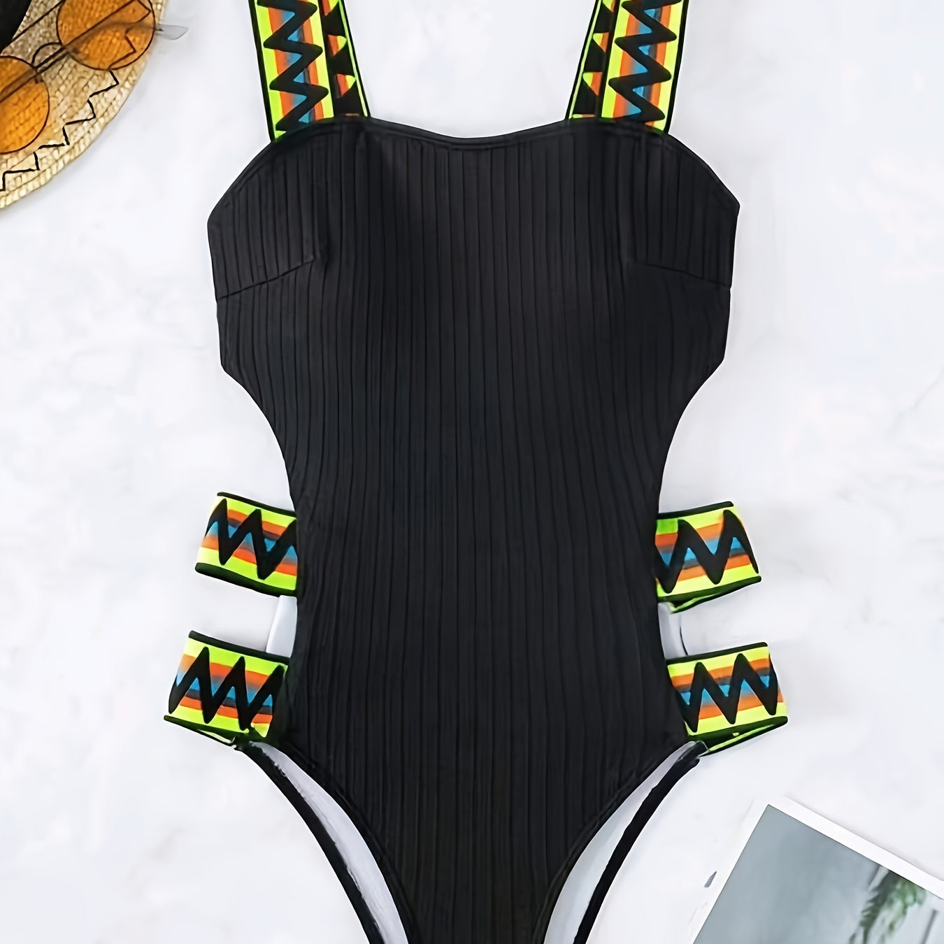 Zigzag Contrast Strap Textured Fabric Black One-piece Swimsuit, Hollow Out Color Block High Stretch Bathing Suits, Women's Swimwear & Clothing