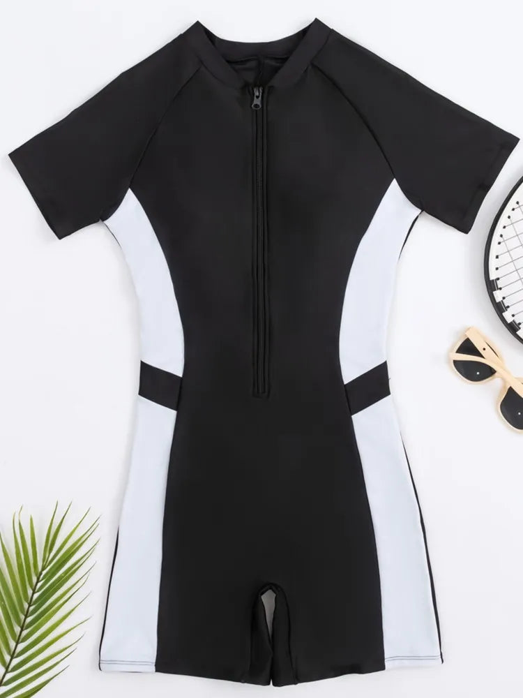 One Piece Women Pro Sports Swimwear Boyleg Above Knee Length Sport Swimsuit Patchwork Bathing Suit 2024