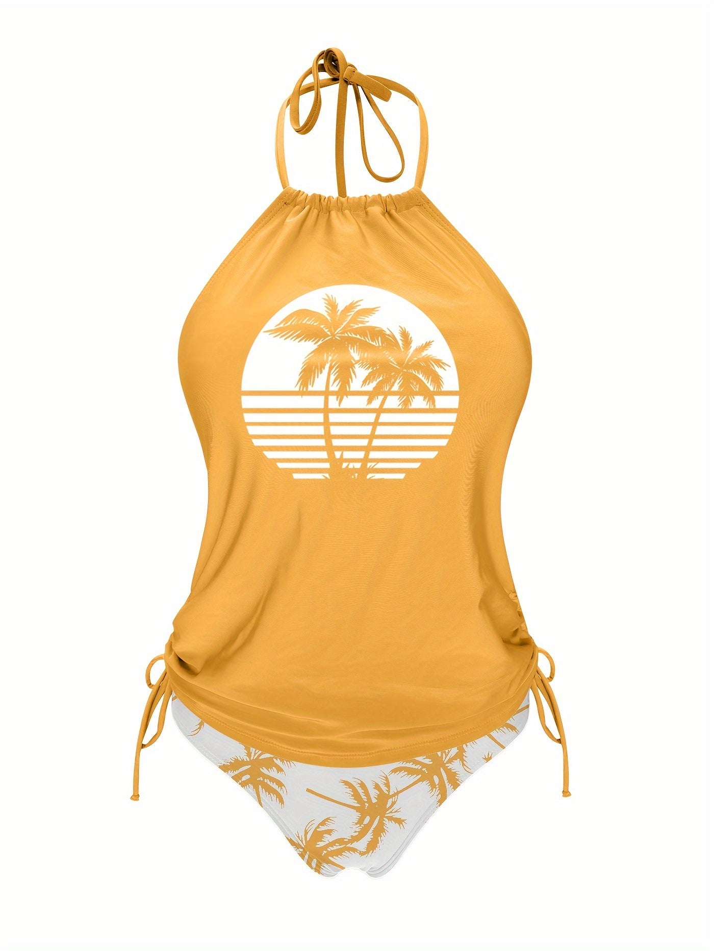 Coconut Tree Sunset Pattern Drawstring 2 Piece Set Swimsuit, Halter Tie Neck Backless Stretchy Low Waist Bathing Suit For Beach Pool, Women's Swimwear & Clothing