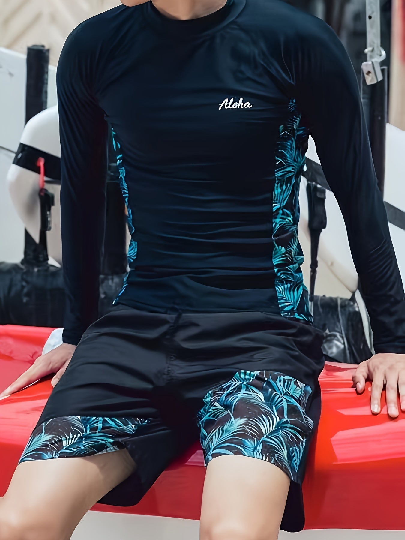 Men's Swimsuit, Quick-drying Skinny Fit Diving Suit, Leaf Pattern Long Sleeve T-shirt And Shorts, Highly Stretch Wetsuit For Diving Snorkeling