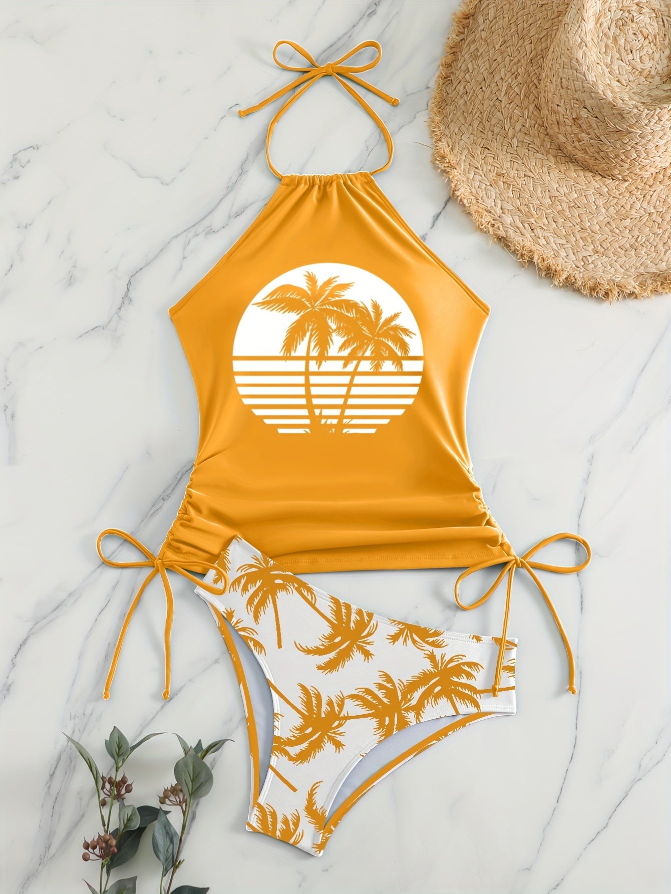 Coconut Tree Sunset Pattern Drawstring 2 Piece Set Swimsuit, Halter Tie Neck Backless Stretchy Low Waist Bathing Suit For Beach Pool, Women's Swimwear & Clothing