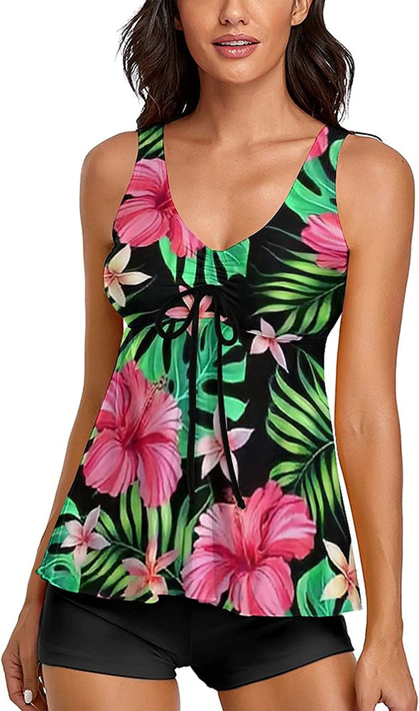 Sewobye Tankini Swimsuits for Women Two Piece Bathing Suits Floral Print Tank Top with Boyshorts Tummy Control Swimming Suits