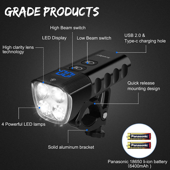 SEWOBYE Pro100 Rechargeable LED Bike Lights, 2000 Super Bright Bike Lights with LED Display, 6400mAh Battery Large Front and Rear LED Bicycle Lights for MTB, Road Bike and E-Bike
