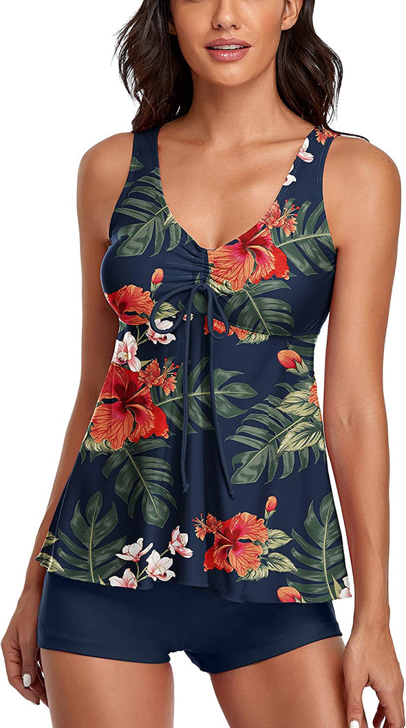 Sewobye Tankini Swimsuits for Women Two Piece Bathing Suits Floral Print Tank Top with Boyshorts Tummy Control Swimming Suits