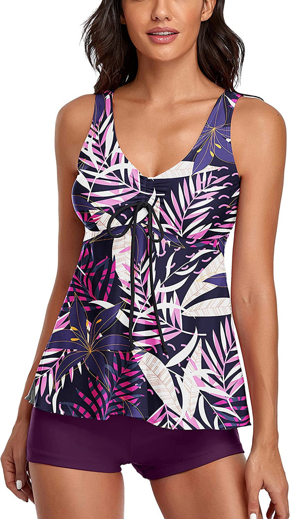 Sewobye Tankini Swimsuits for Women Two Piece Bathing Suits Floral Print Tank Top with Boyshorts Tummy Control Swimming Suits